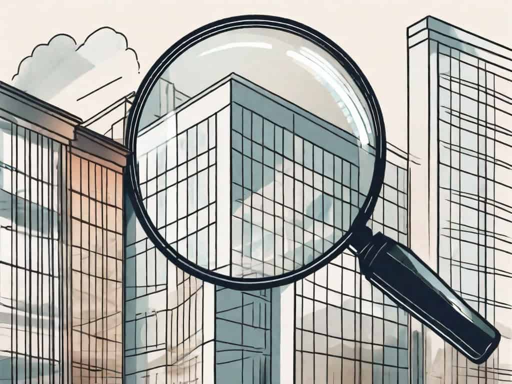 A magnifying glass hovering over a building representing a business service company