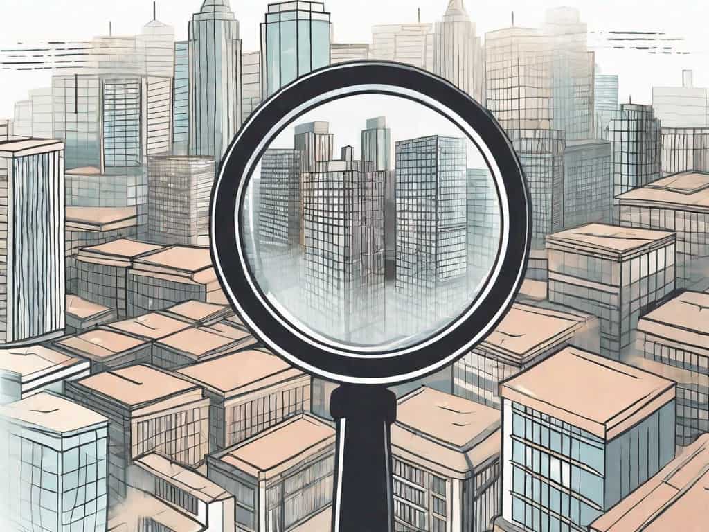A magnifying glass hovering over a cityscape