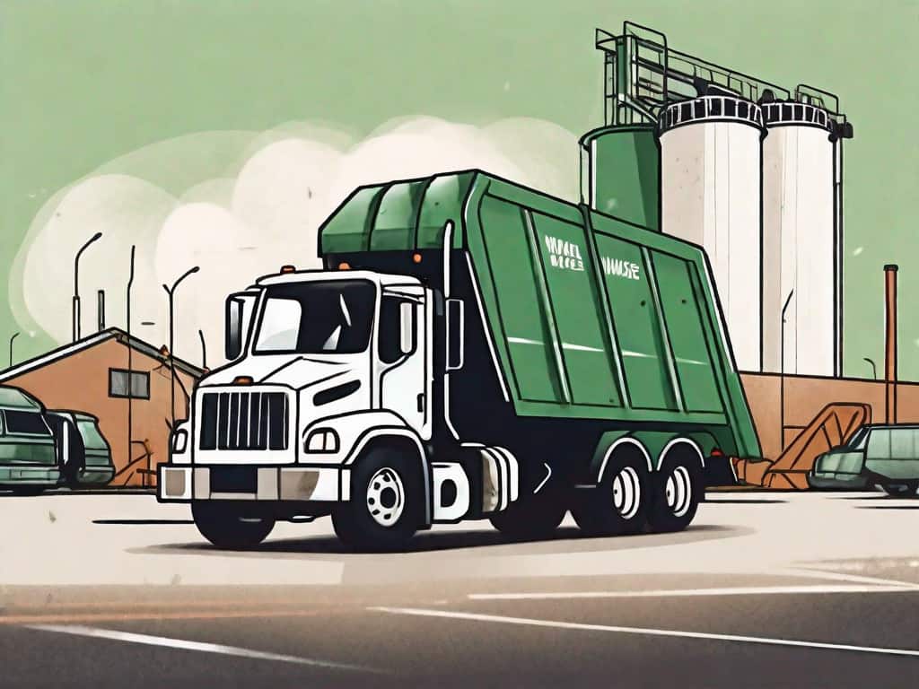 A waste management truck with a large