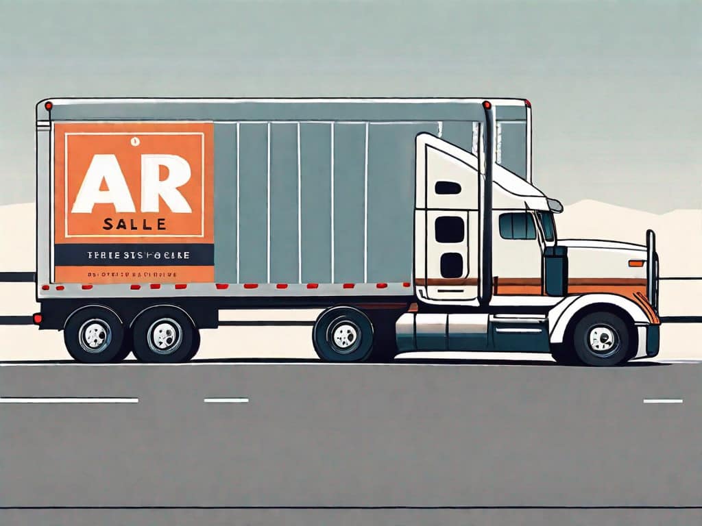 A semi-truck on a road with a for-sale sign