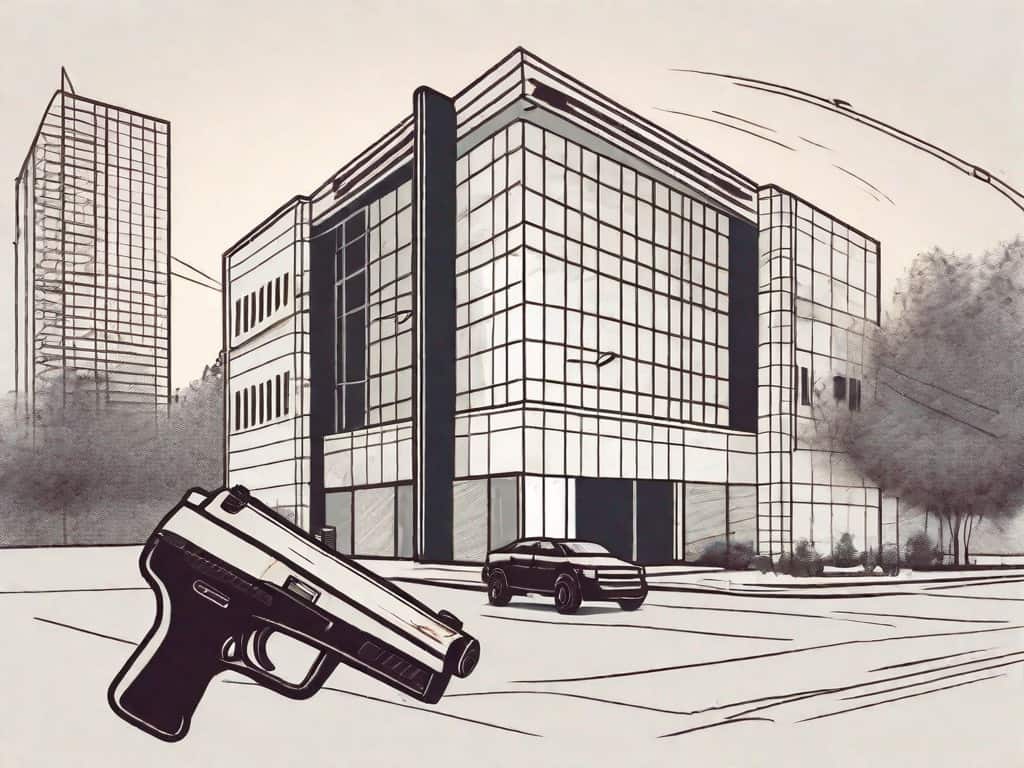 A security company building with a large "for sale" sign in front