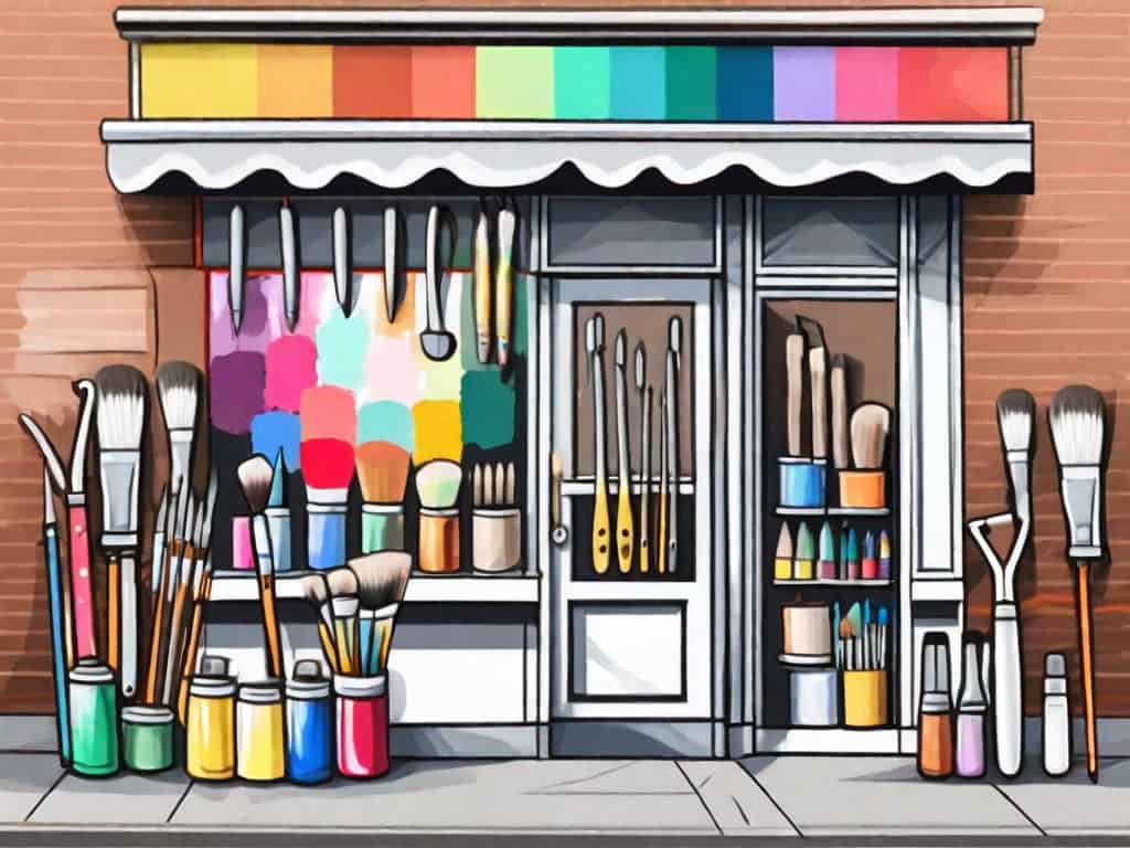 A shopfront of a colorful painting business with a 'for sale' sign hanging on the door