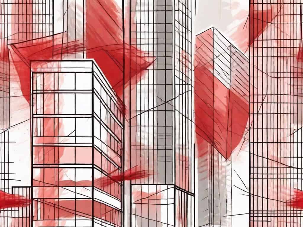 A commercial real estate building with symbolic red flags popping up from various parts of it