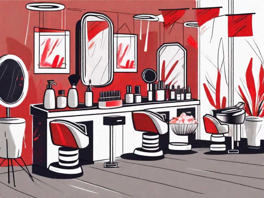A beauty salon with symbolic red flags popping up from different areas like the cash register