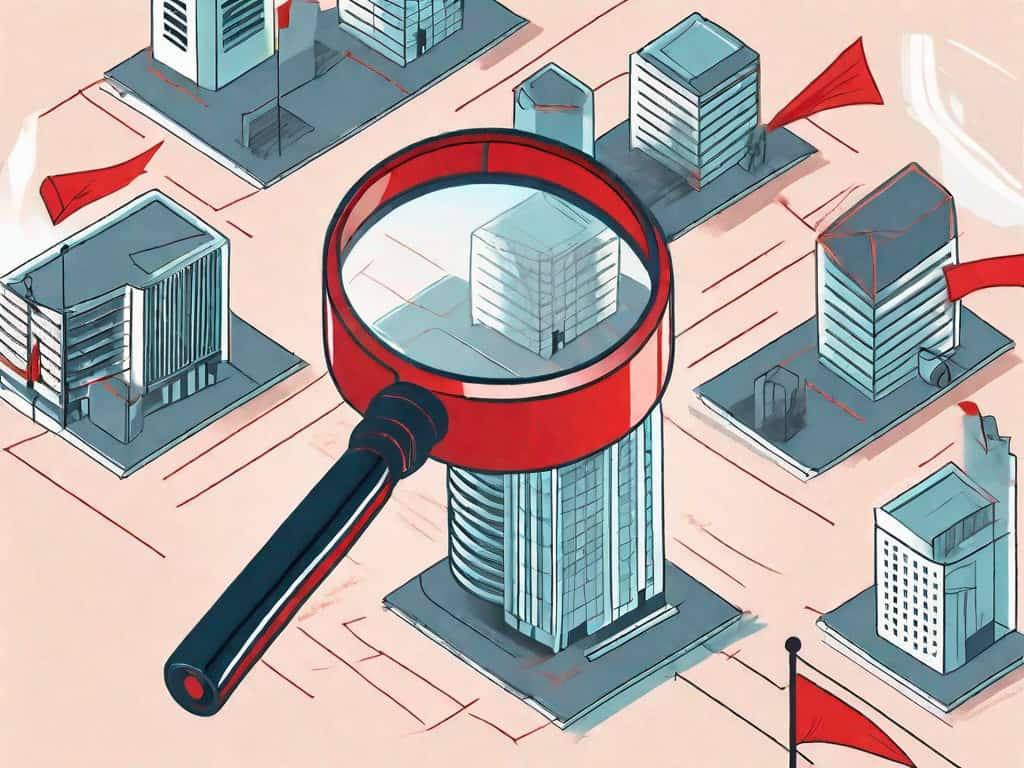 A magnifying glass scrutinizing a content marketing firm building