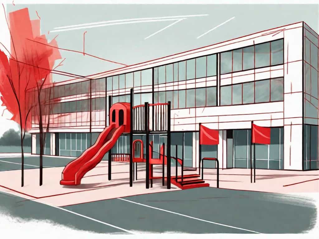 A preschool building with symbolic red flags popping up from various parts such as the playground