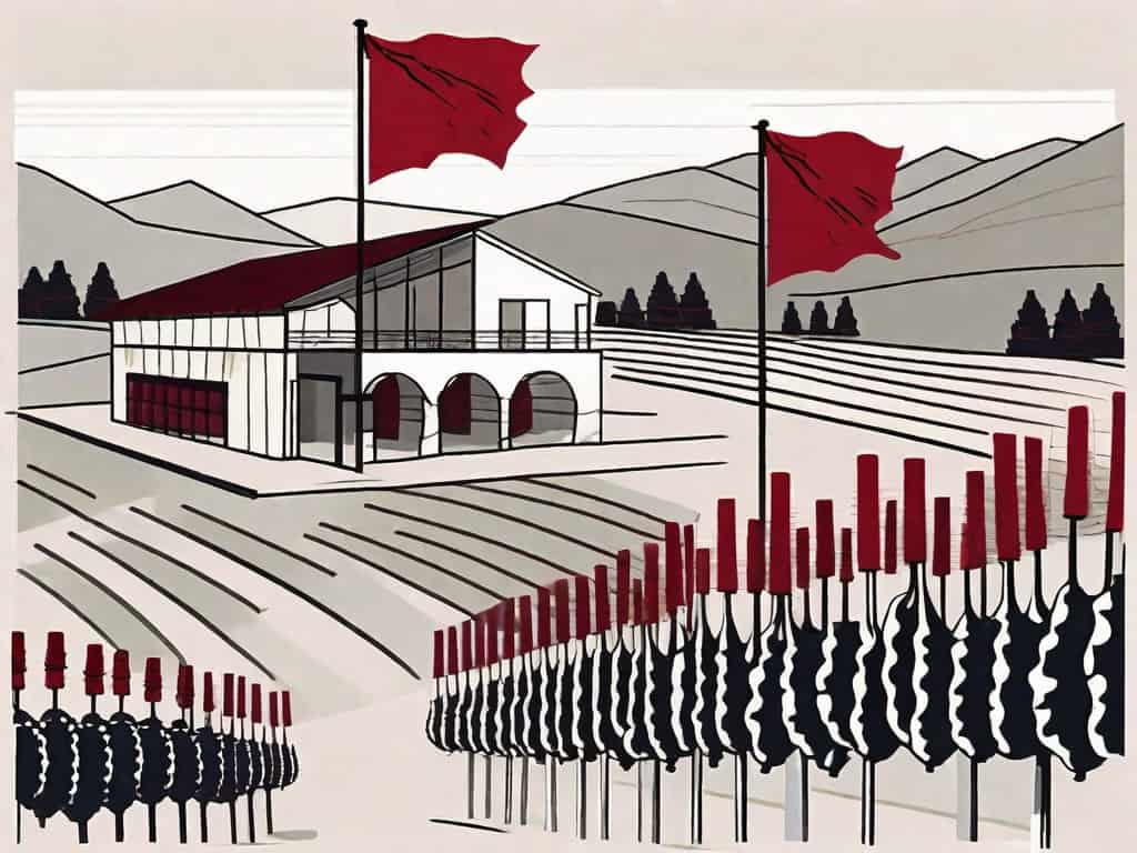 A winery with symbolic red flags placed on various parts such as the vineyard
