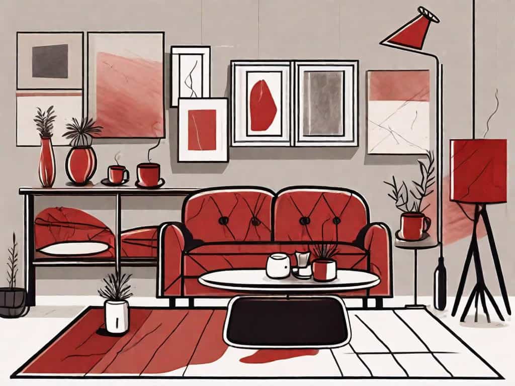 A home décor store with various red flags sticking out from different items like a vintage lamp