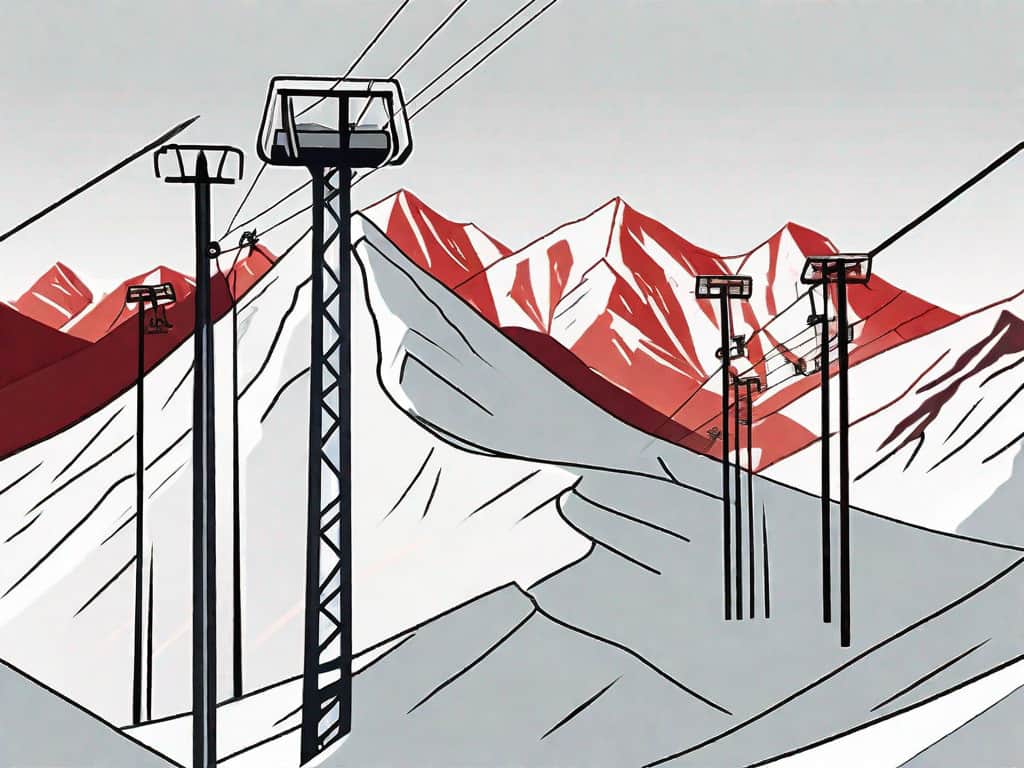 A ski resort with various red flags planted around it