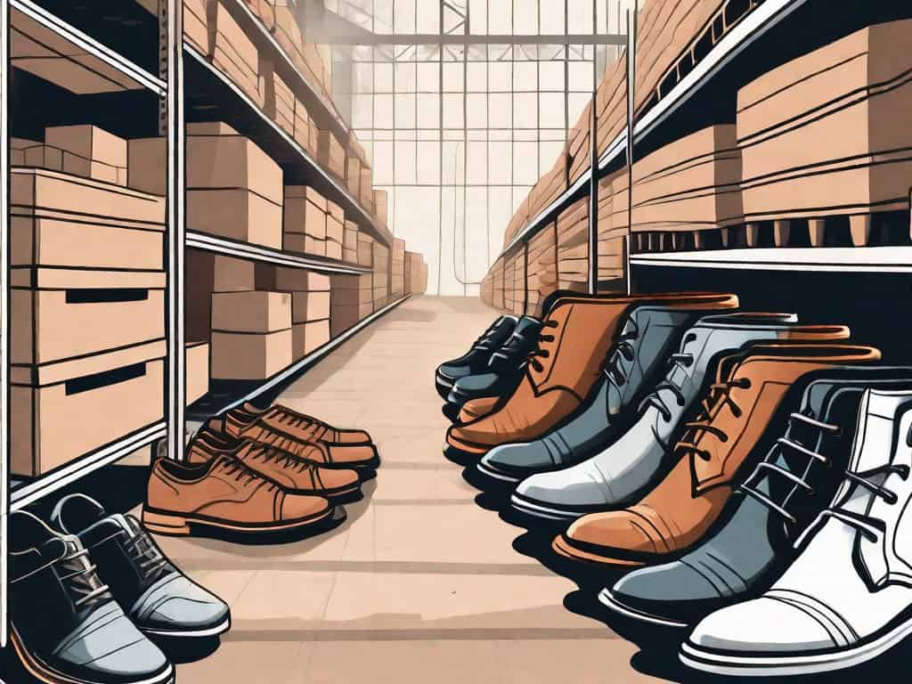 A large variety of footwear arranged in a warehouse setting with a magnifying glass hovering over them