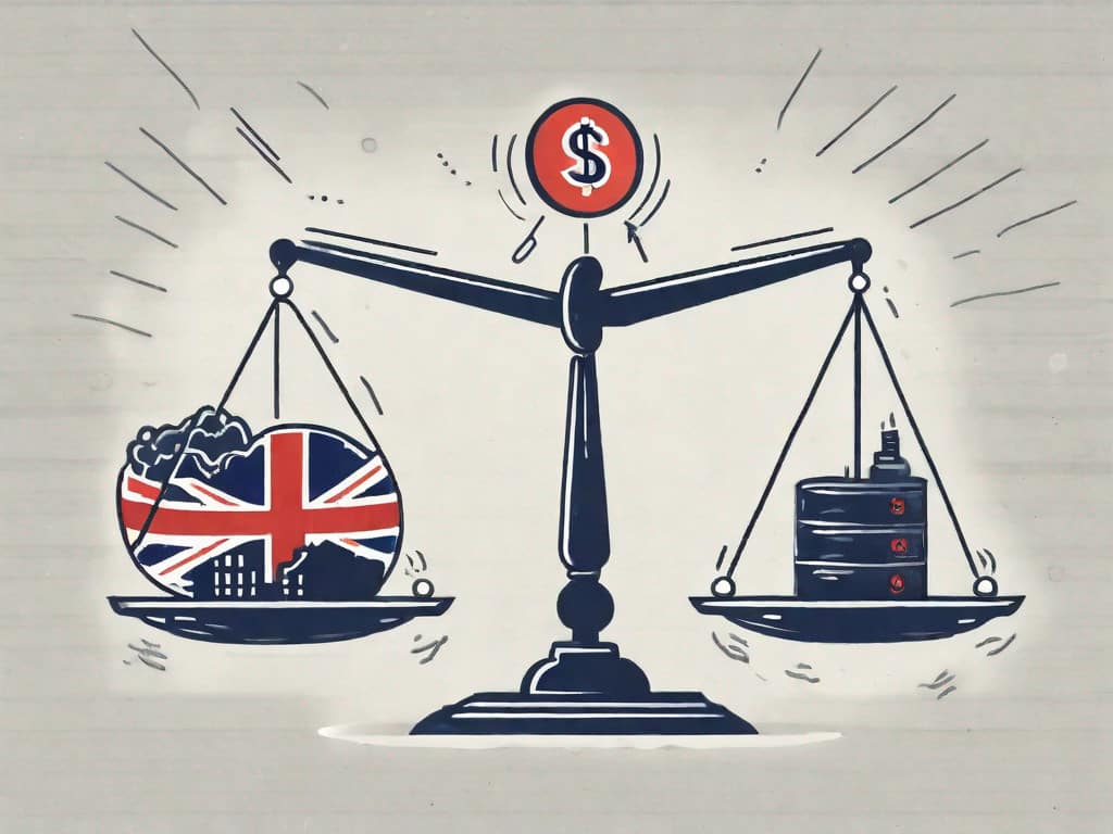 A balance scale where one side has a factory with a union flag