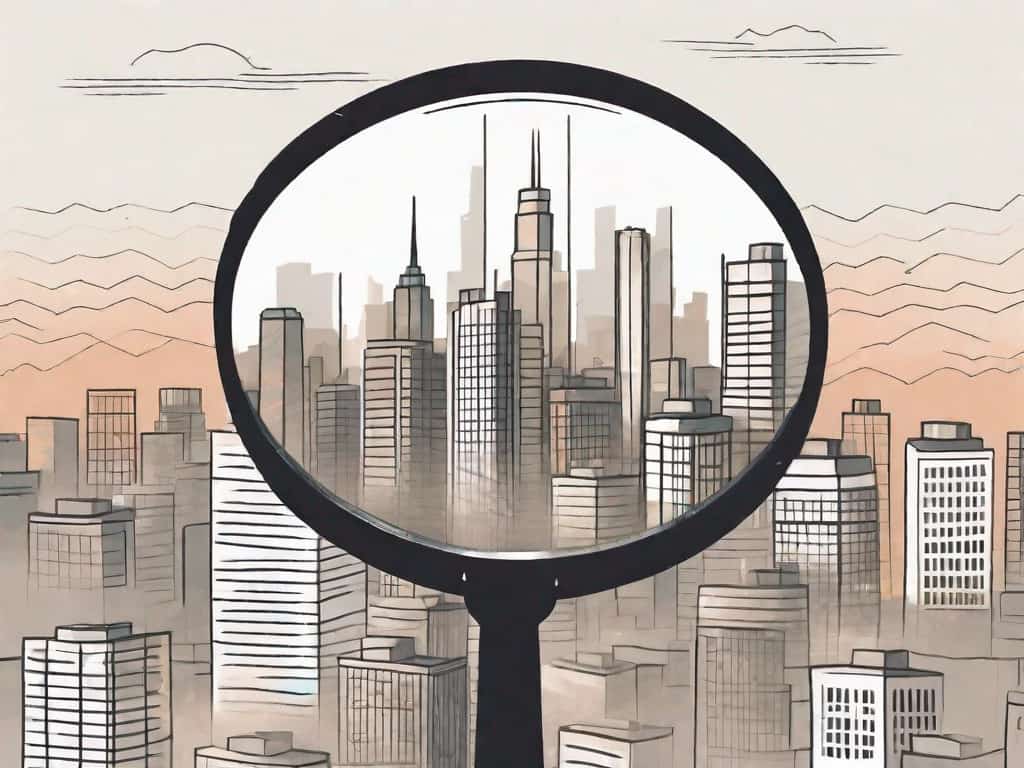 A magnifying glass hovering over a cityscape