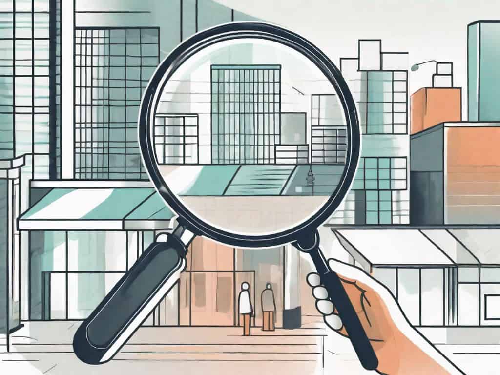A magnifying glass hovering over a variety of different sized businesses