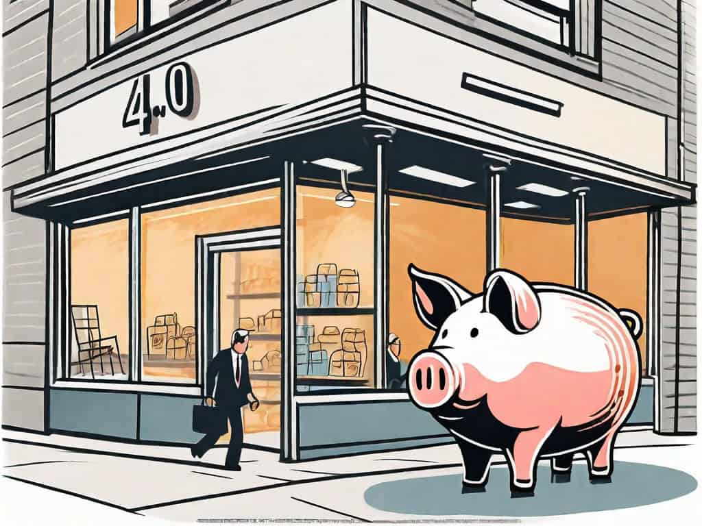 A 401(k) retirement plan piggy bank being poured into a storefront