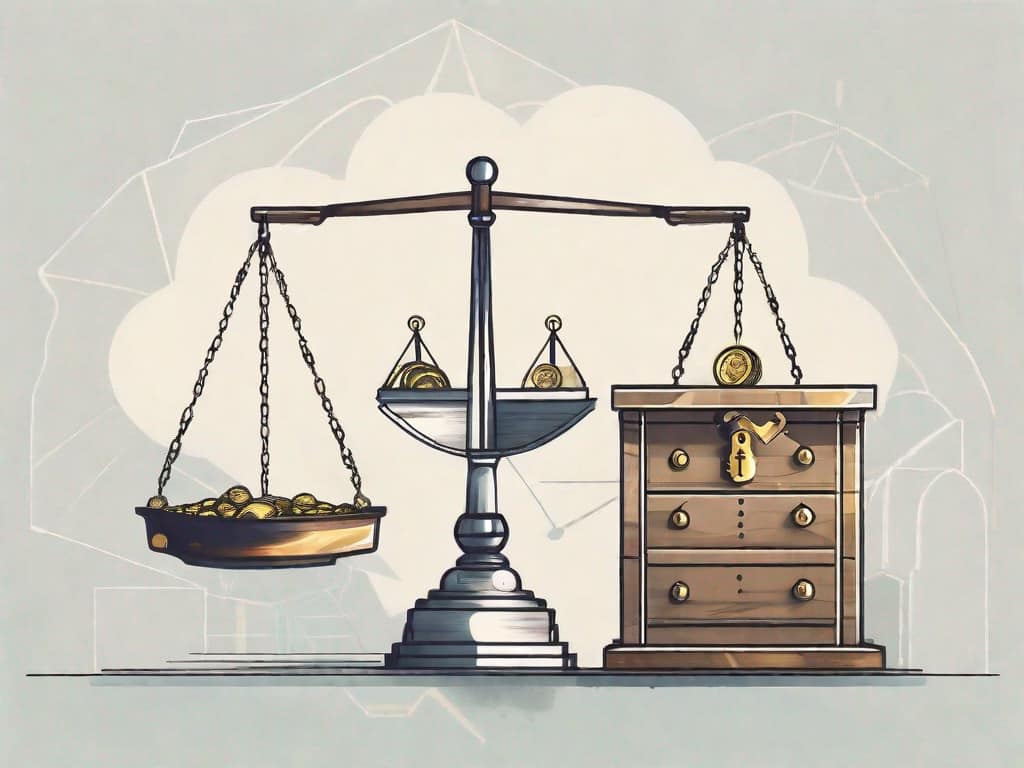 A scale balancing a business building on one side and a chest of treasure on the other