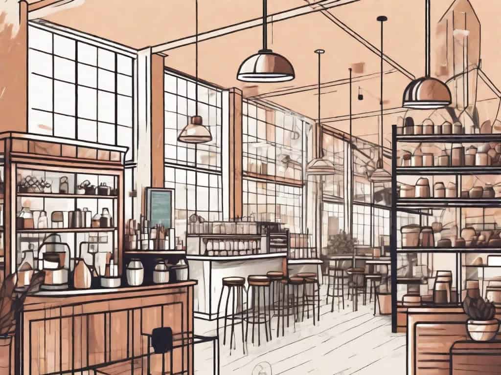 A magnifying glass hovering over a variety of different business establishments like a cafe