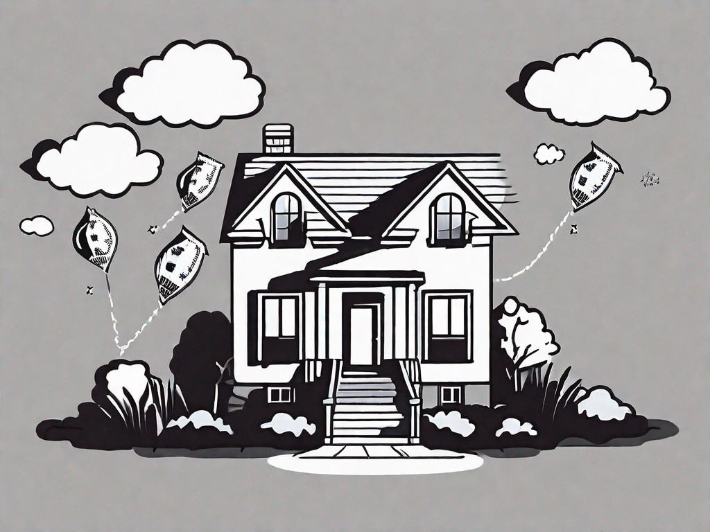 A house with a "for sale" sign in the front yard and a thought bubble above it
