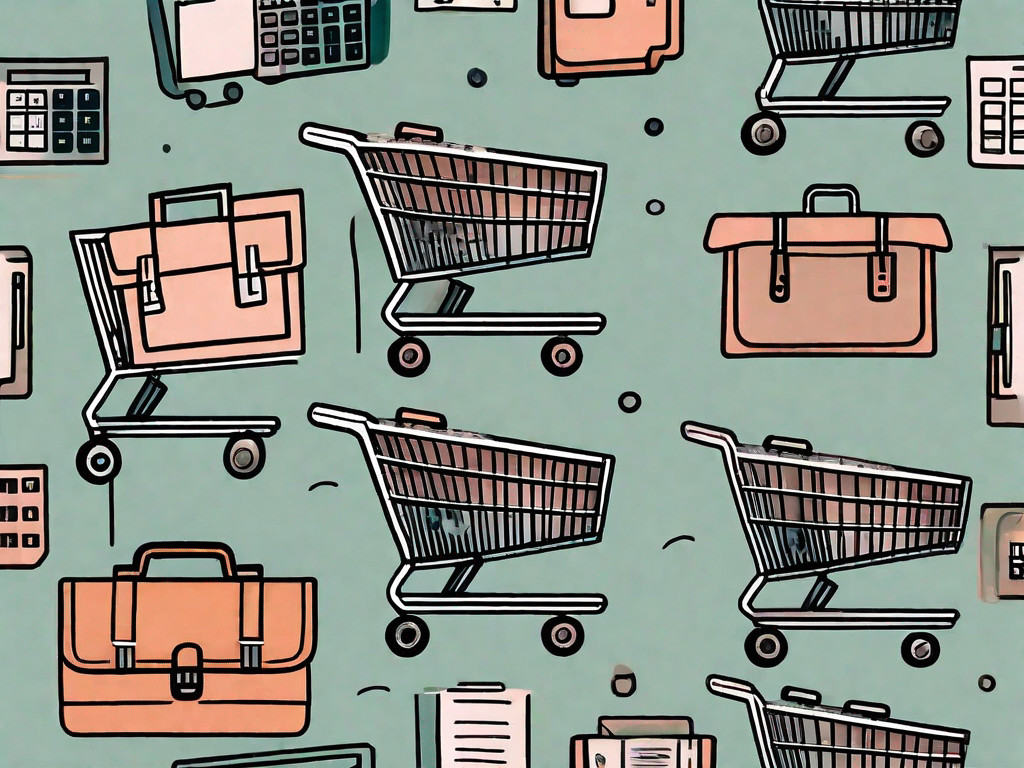 A shopping cart filled with various business-related items like a building