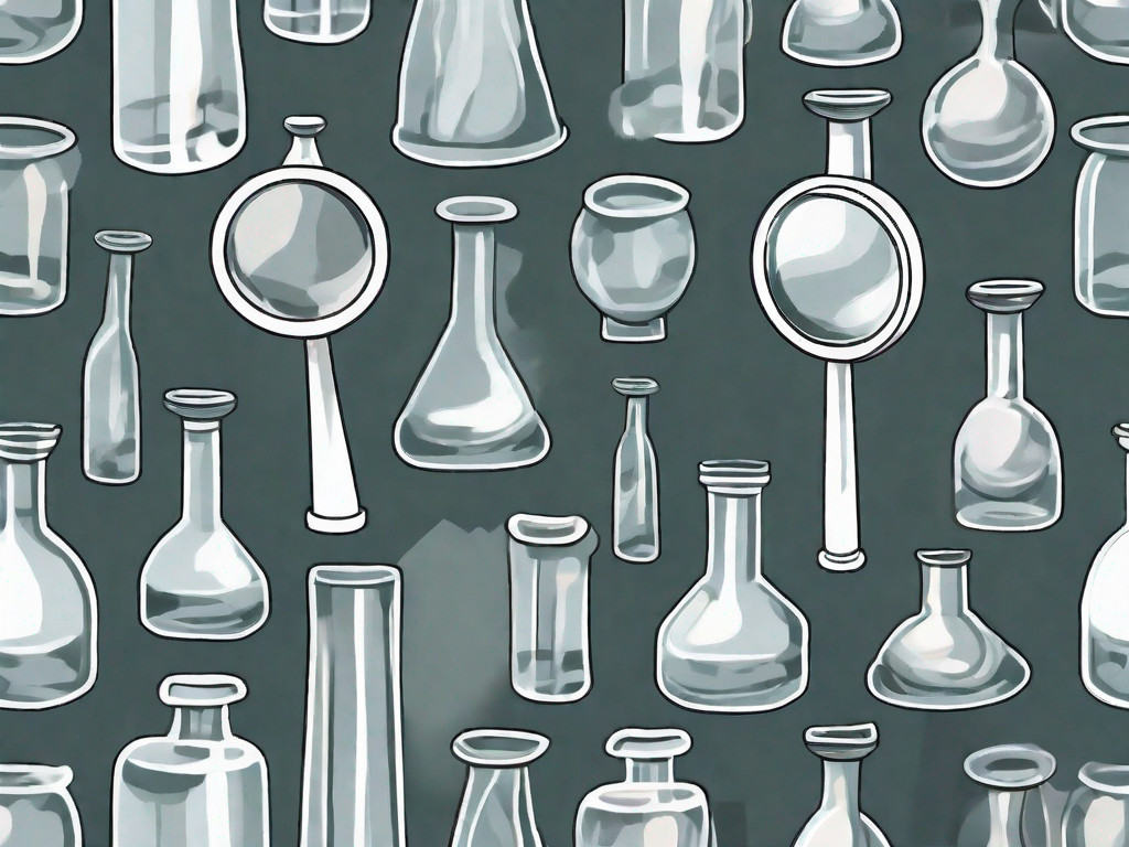 A magnifying glass focusing on a group of variously shaped glass objects such as a window