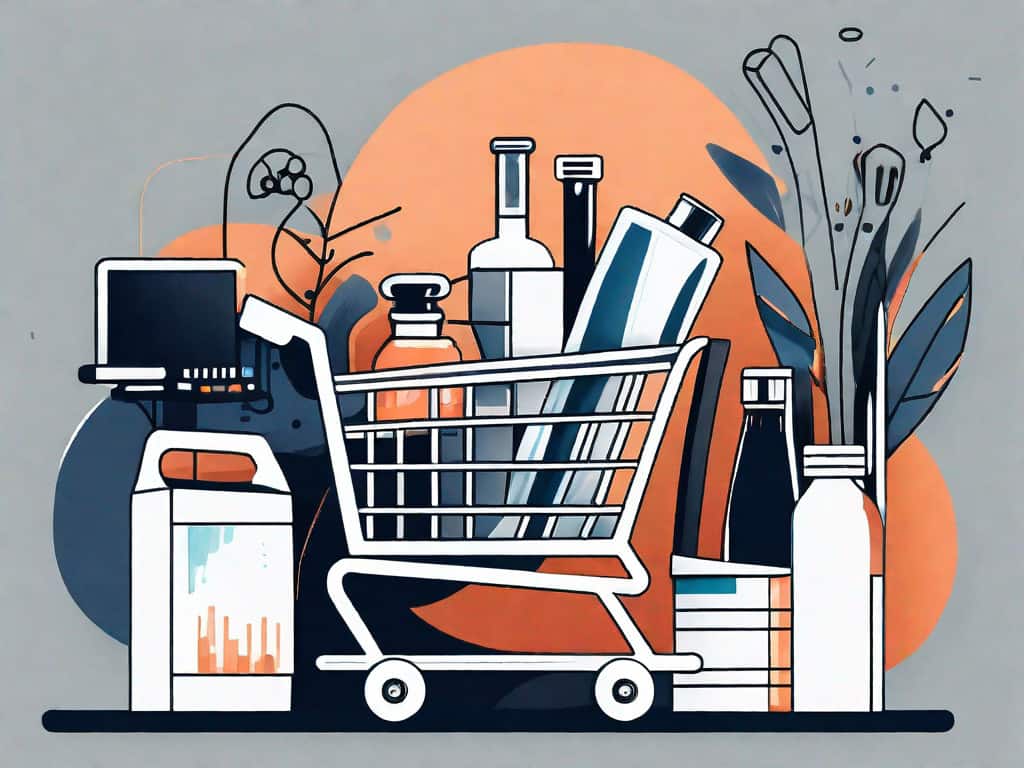 A shopping cart filled with various elements of a printing company such as a printing press