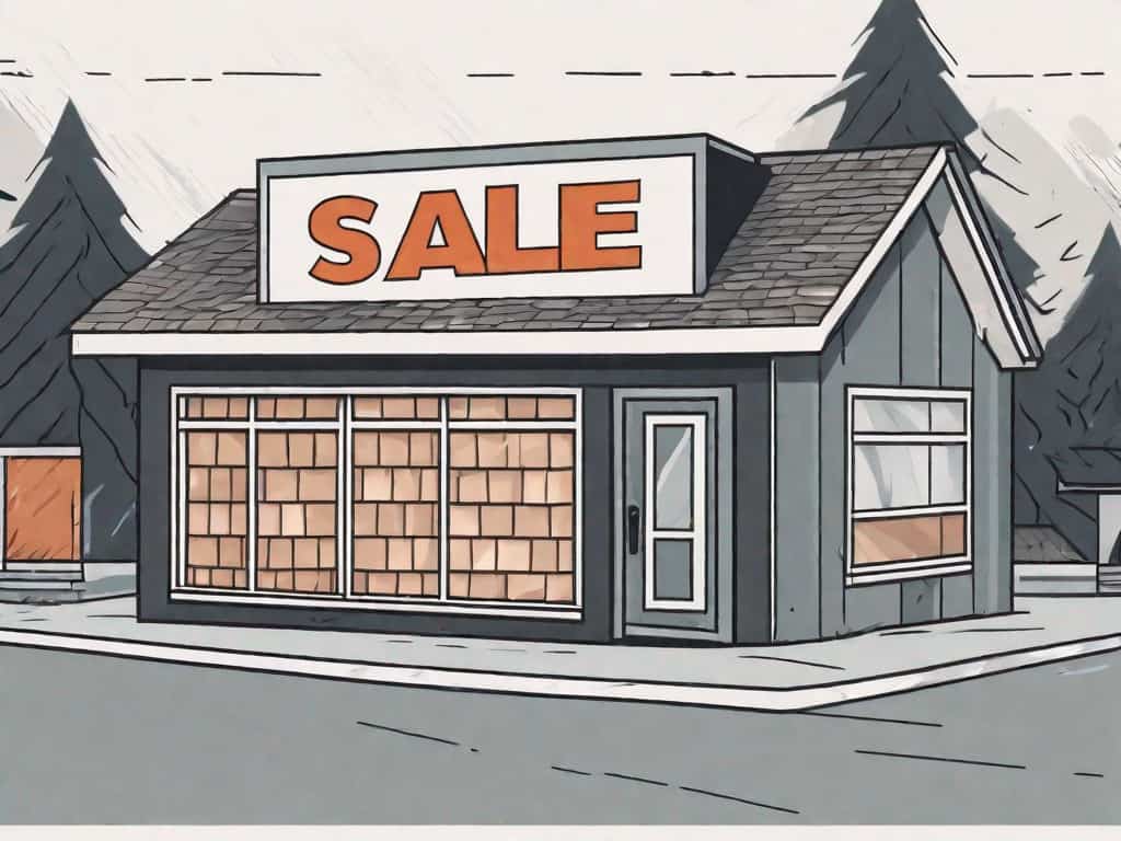 A roofing business storefront with a large "for sale" sign hanging on it
