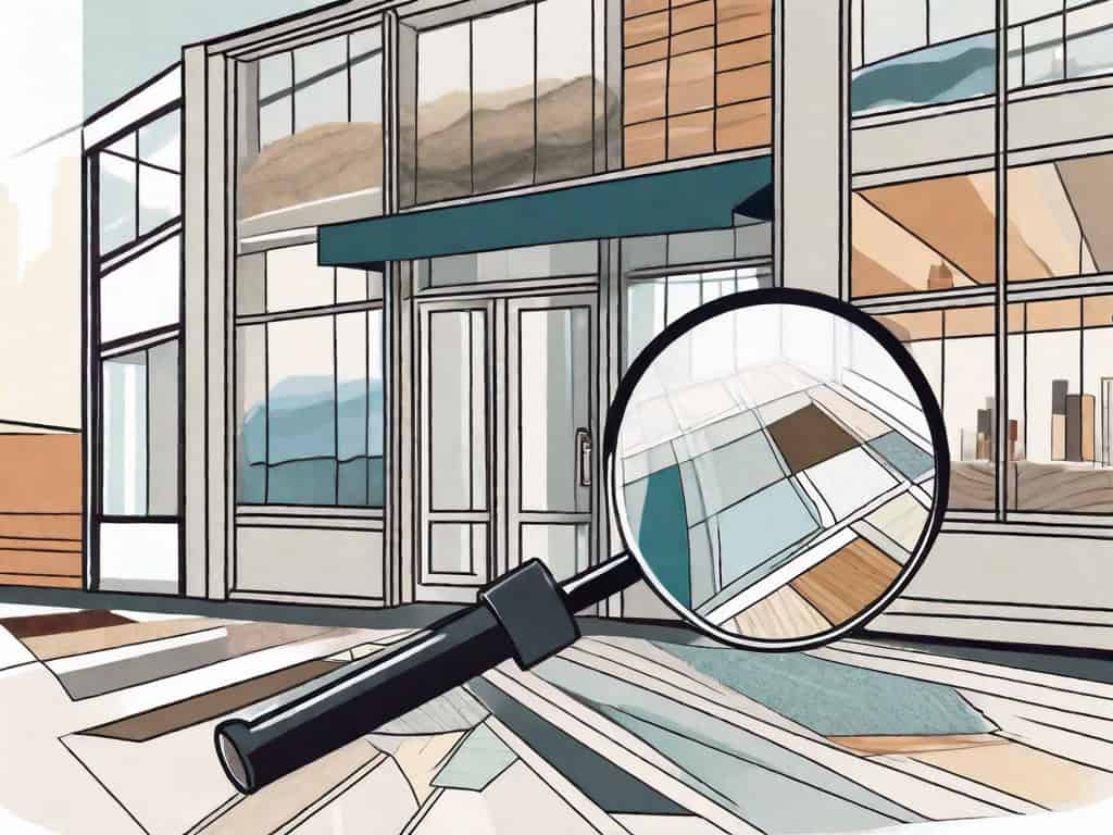 A magnifying glass examining different types of flooring samples