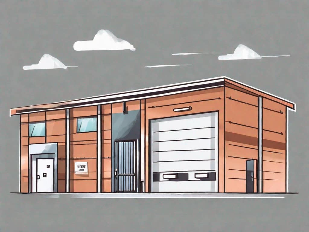 A storage unit complex with a 'for sale' sign in front