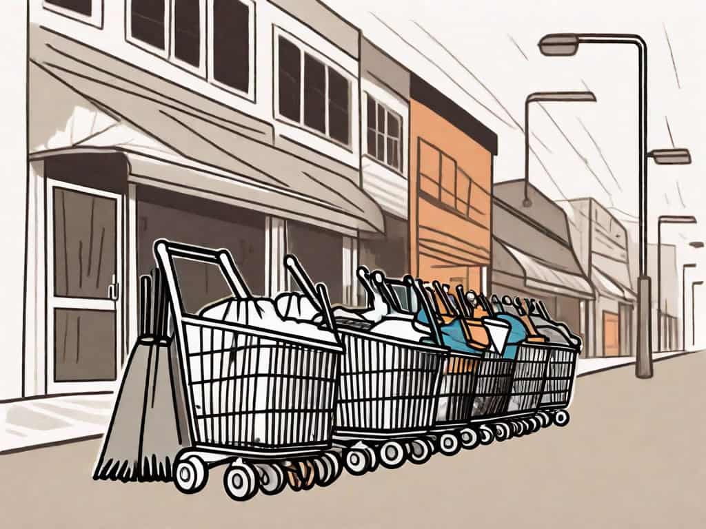 A shopping cart filled with various junk removal equipment like brooms