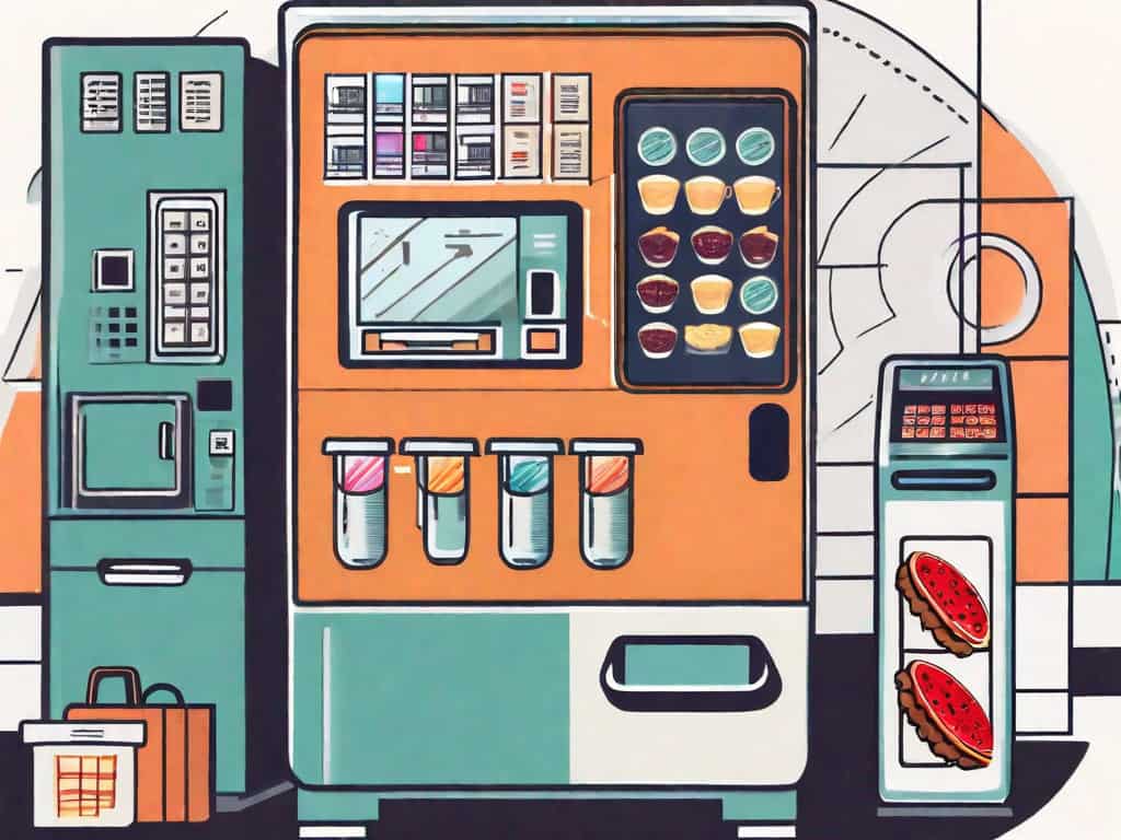 A vending machine surrounded by various business-related items such as a calculator