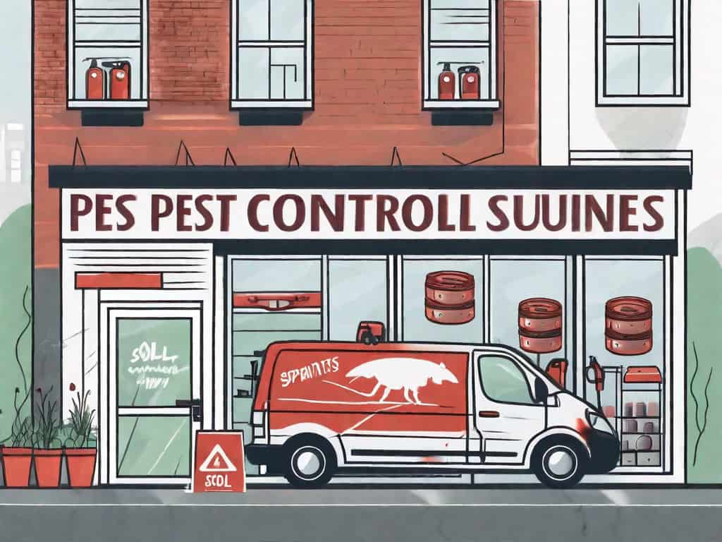 A storefront of a pest control business with a sold sign hanging on it