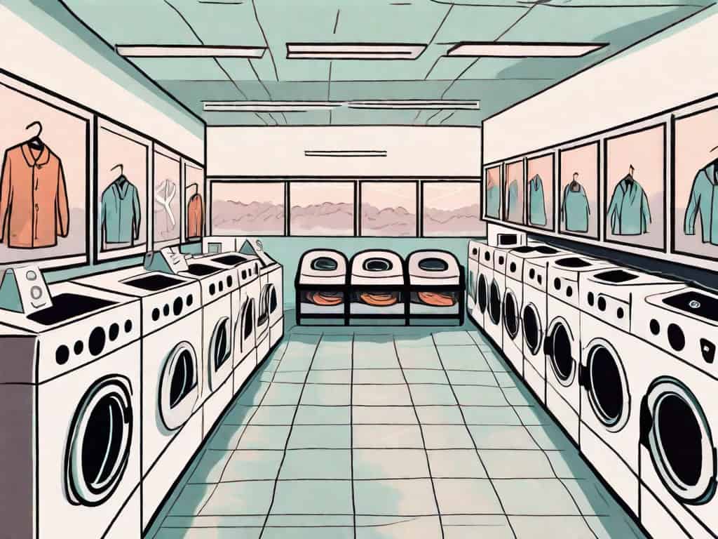 A laundromat with a for-sale sign in the front