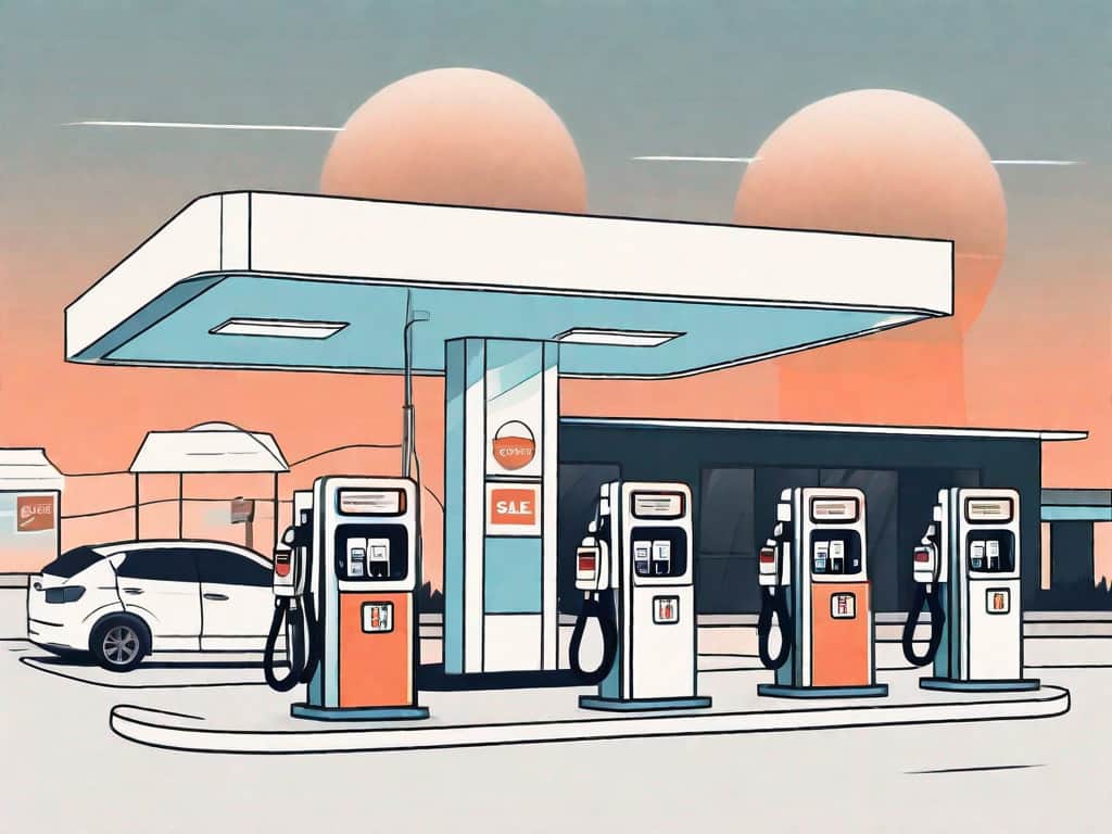 A gas station with a 'for sale' sign