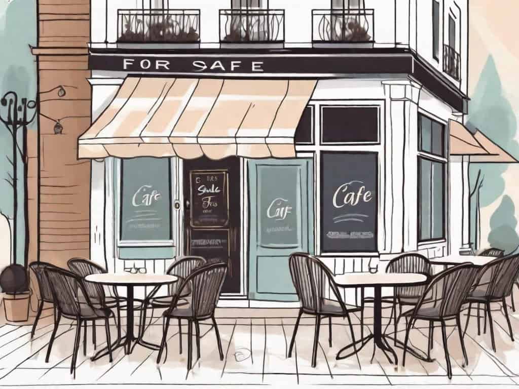 A quaint café exterior with a "for sale" sign hanging on the door