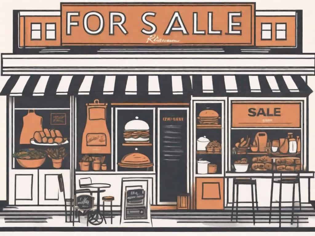 A restaurant with a "for sale" sign in the window