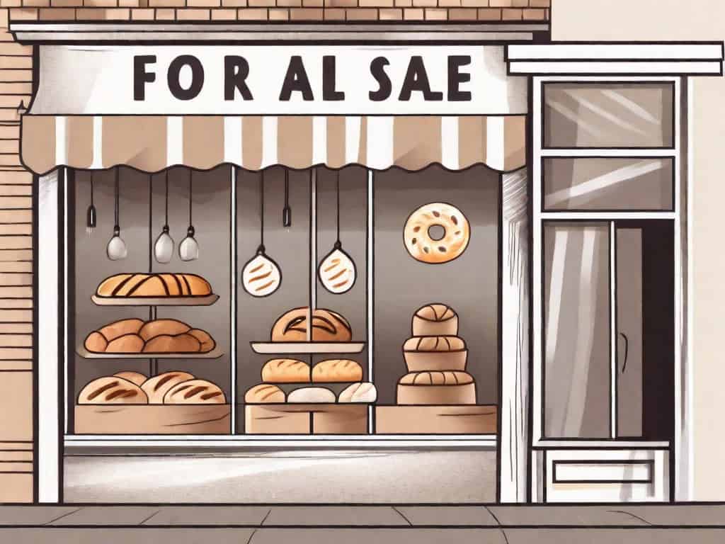 A bakery storefront with a 'for sale' sign in the window