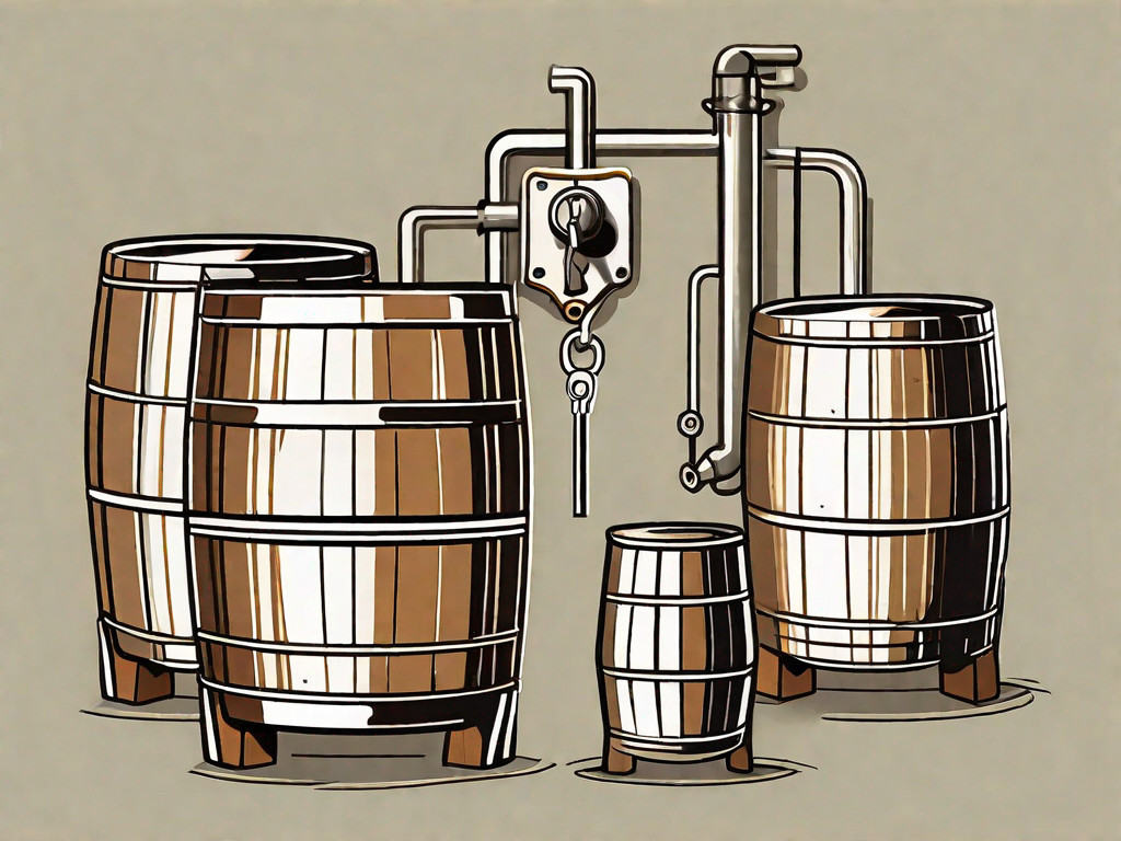 A variety of brewery equipment such as barrels