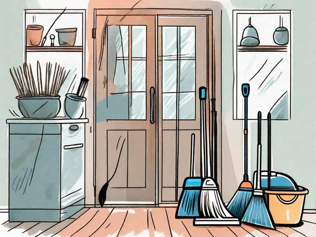 A house with various cleaning tools like brooms