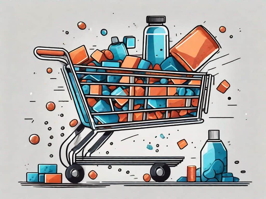 A shopping cart filled with various symbolic elements representing a plastics and resins company