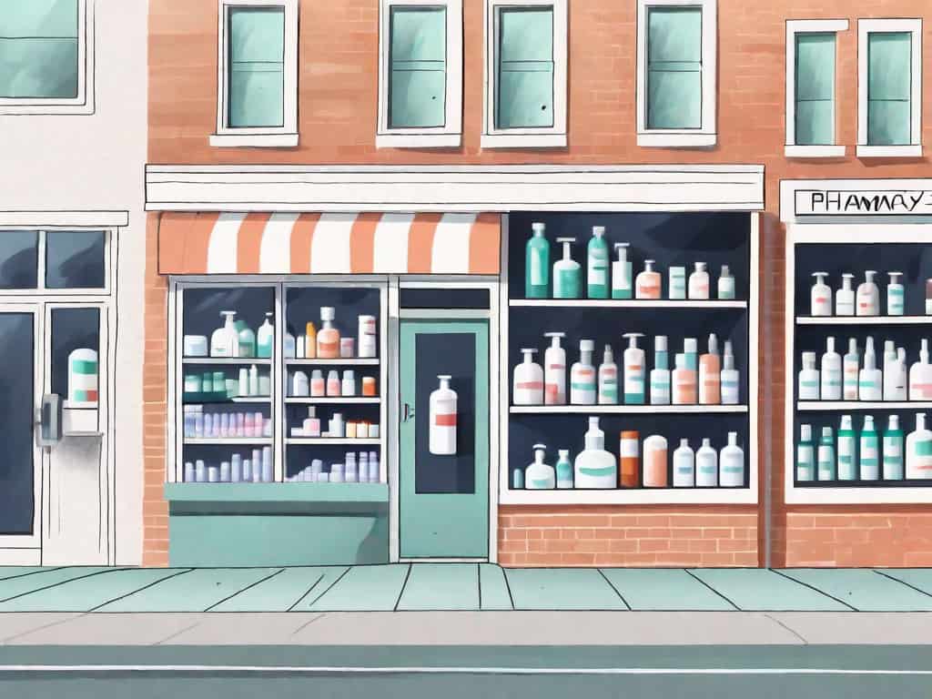 A pharmacy storefront with a 'for sale' sign in the window