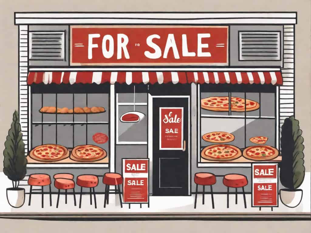 A quaint pizzeria storefront with a 'for sale' sign in the window
