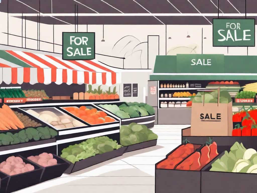 A grocery store with a large 'for sale' sign in front