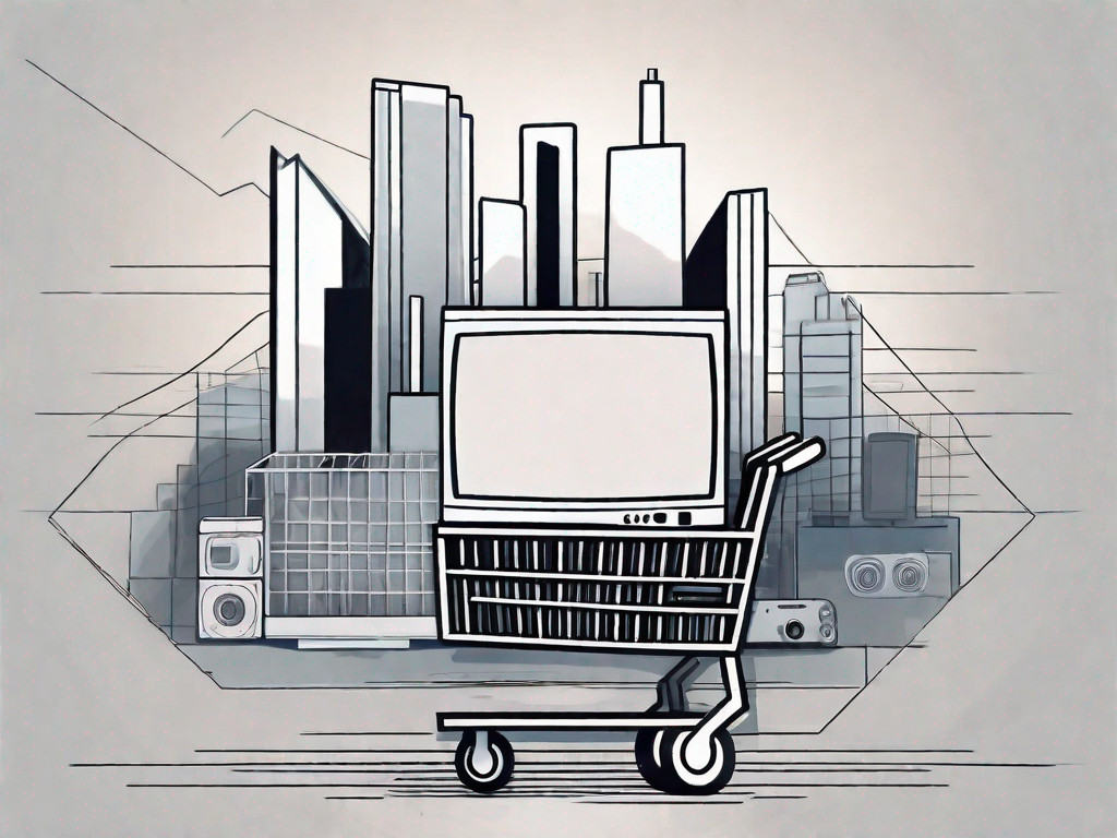 A shopping cart filled with various consumer electronics like a television