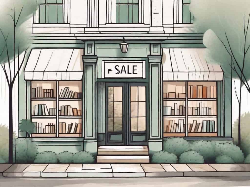 A charming bookstore with a 'for sale' sign in the window