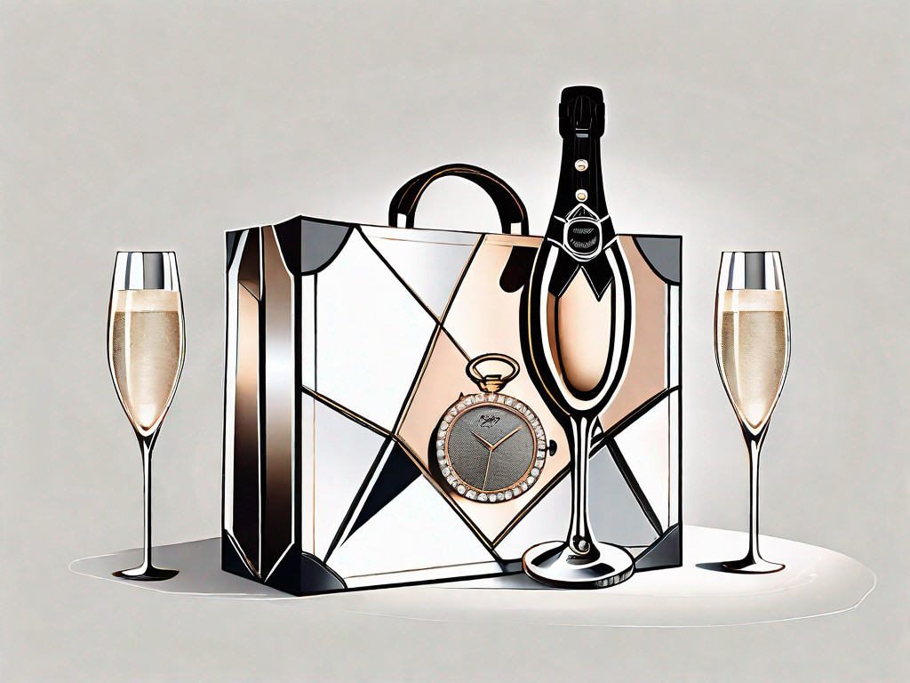 A luxurious shopping bag filled with high-end items like a diamond necklace