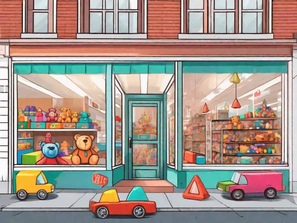 A colorful toy store with a "for sale" sign in the window
