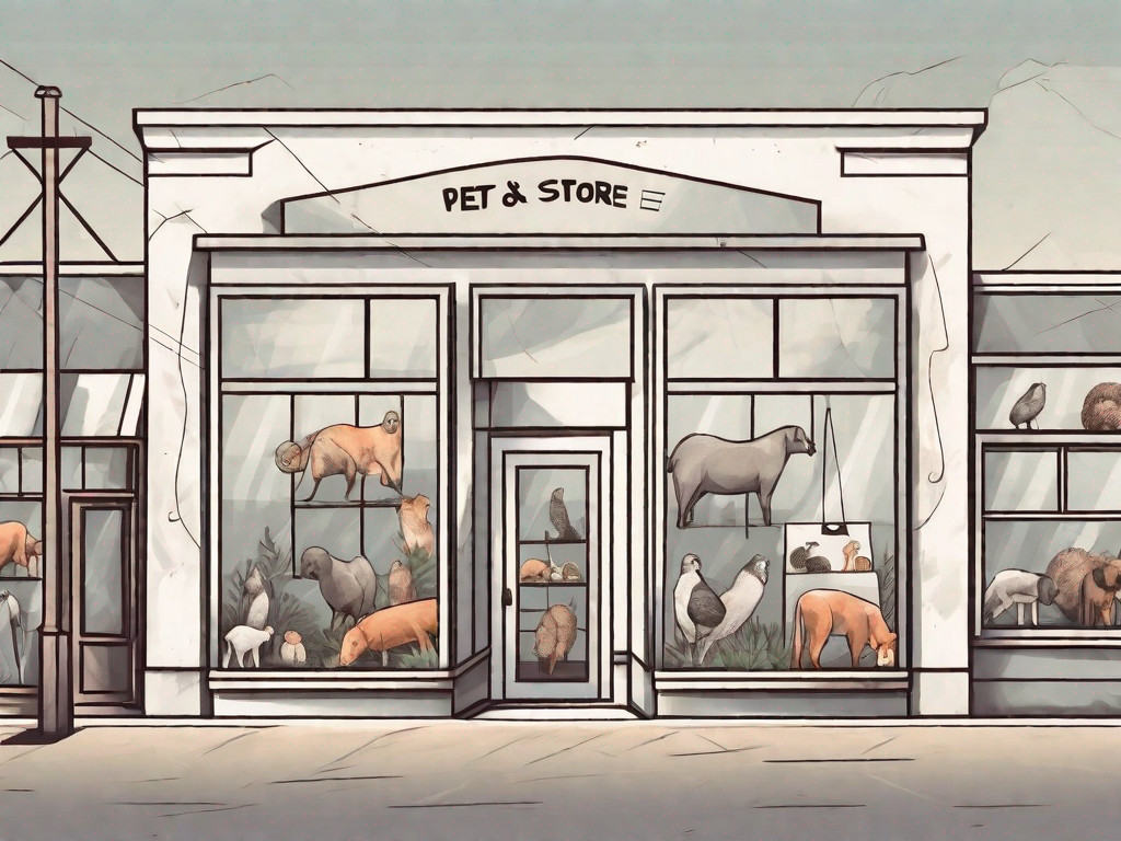 A pet store with a variety of animals in the windows