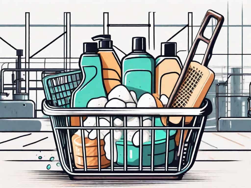 A shopping basket filled with various soap and cleaning products