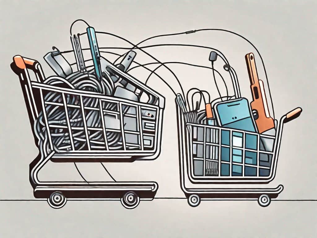 A shopping cart filled with symbolic it tools like a computer