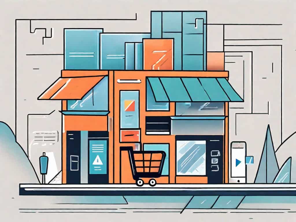 A shopping cart filled with different e-commerce elements like a box