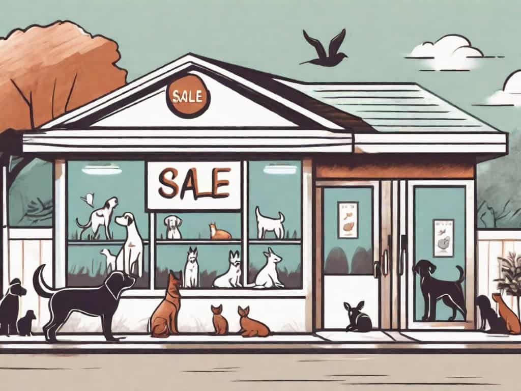 A veterinary clinic with a prominent "for sale" sign in front